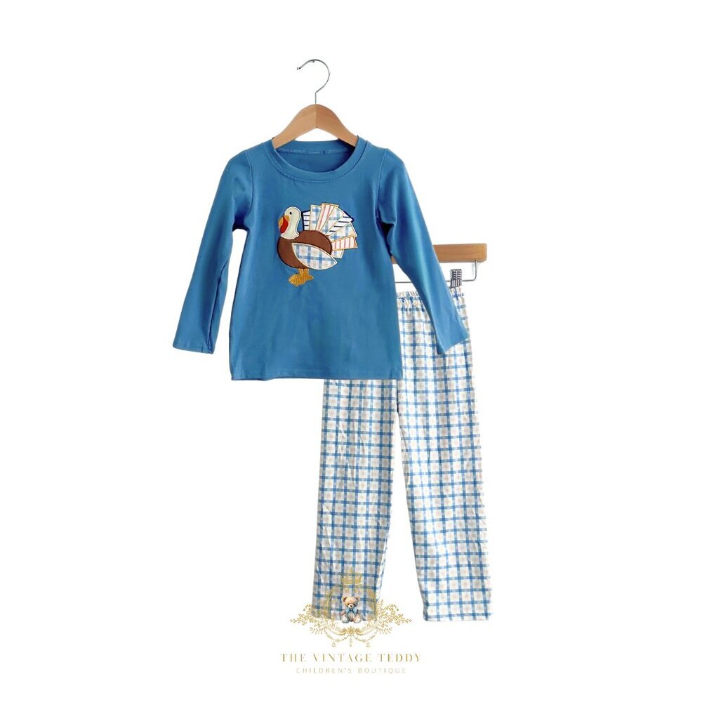 NWT Cute Boys Top & Long Pants Matching Set Embroidered Turkey Orange & Blue 4T